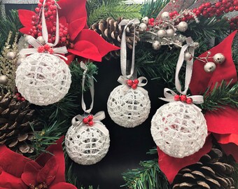 Crochet Ball Ornaments, Set of 4 Ball Tree Ornaments, Crochet Christmas Ball Tree Ornaments, Unique Ornaments, Holiday Decorations