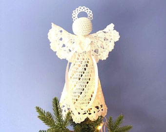 かぎ針編みの天使のクリスマスツリートップ：白いコットンのホリデー
