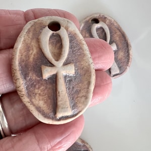 Ceramic Ankh Pendant, Vintage Solid Carved Egyptian Symbol, Ceramic Clay Carved Spiritual Charm