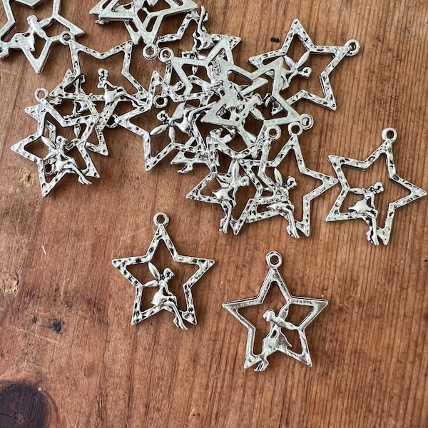 6 Fairy Star Charms, Silvertone Star with Fairy Pendants, Magical Fairy Star