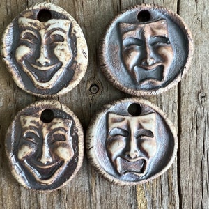 Drama Mask Pendant, Ceramic Clay Happy Sad Face Pendants, Boho Clay Pendants, Handcrafted in America