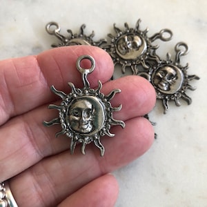 Sun Face Moon Face Pendants, Antiqued Pewter Moon Sun Charms, Sun and Moon Pendants, Sun face, Moon face