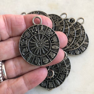 Astrology Wheel, Horoscope Signs,  Vintage Astrology Pewter Pendant