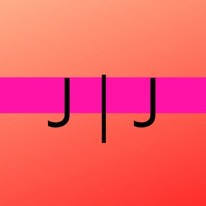 May include: Abstract graphic design with a gradient background in shades of orange and red. A horizontal magenta stripe bisects the image, with the letters "J" on either side of a vertical line.