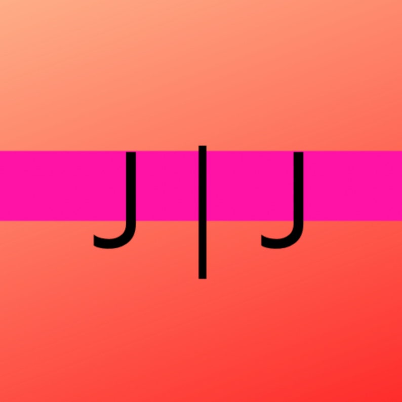 May include: Abstract graphic design with a gradient background in shades of orange and red. A horizontal magenta stripe bisects the image, with the letters "J" on either side of a vertical line.
