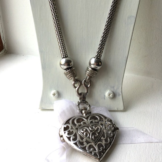 Silver Heart Locket Chunky Necklace Statement Image 0