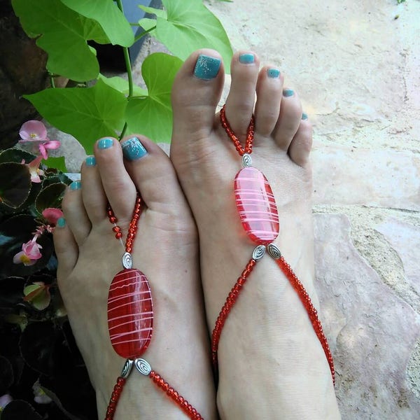 Pair of Large Red Glass Bead Barefoot Sandals, Anklets, Ankle Bracelets, Anklets for Women, Foot accessories, foot sandals, Toe Thongs D212!
