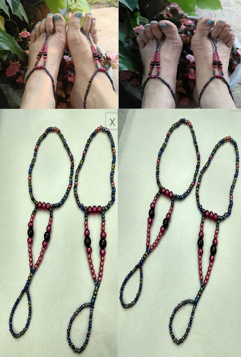 Colorful Pair of Beaded Barefoot Sandals; Ankle bracelet Foot Accessories Anklets Foot sandals Toe Thongs