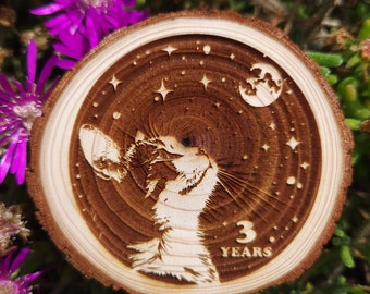 Op de afbeelding: Een houten cirkel met een kattenkop en een halve maan met sterren op de achtergrond. De tekst "3 JAAR" is gegraveerd onder de kattenkop.