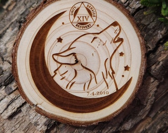 Howling for the Moon Sobriety Chip *Personalized* Sober AA NA Medallion Engraved Token Coin Tag *Custom* Gift for Her Him w/FREE stand!