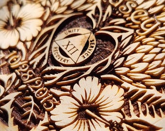 AA NA Sobriety Chip on Engraved Wood "Hawaiian Flowers" Personalized Recovery Token