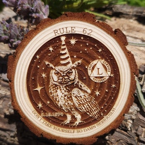 Rule 62 Party Owl Sobriety Chip *Personalized* Sober AA NA Al Anon Medallion Engraved Token Coin Tag *Custom* Gift for Her w/FREE stand