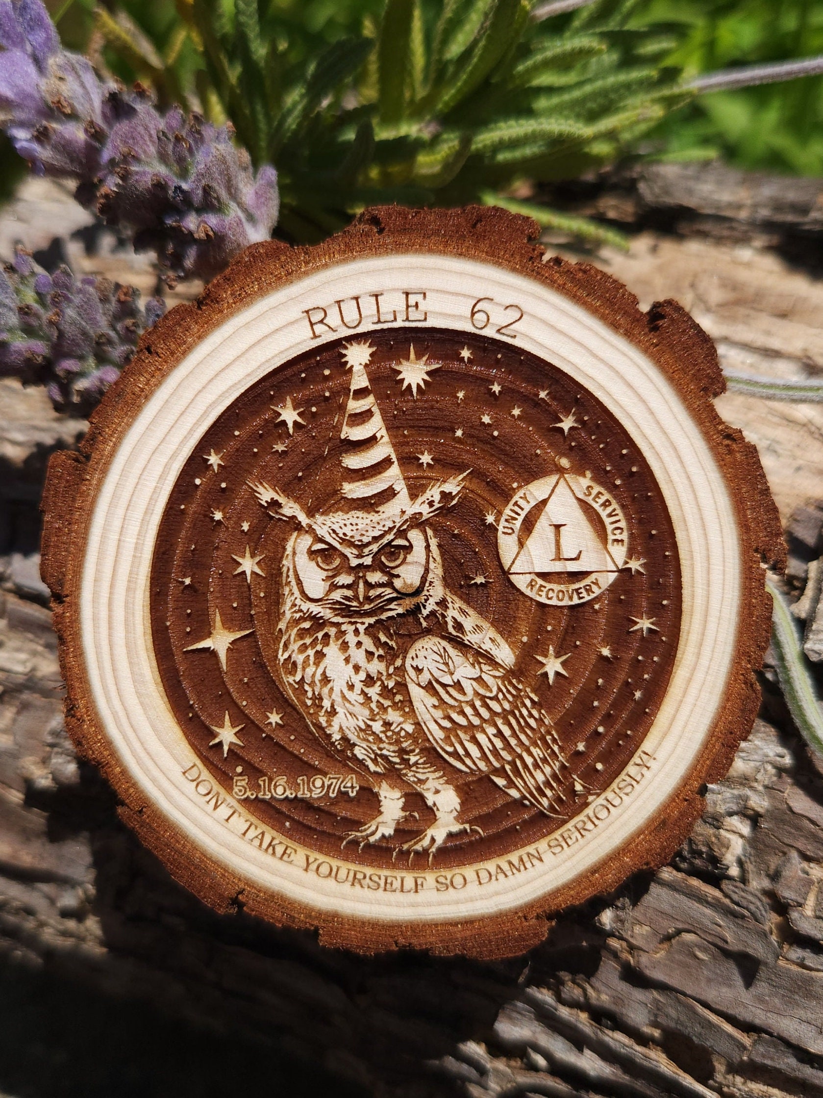 Rule 62 Party Owl Sobriety Chip *Personalized* Sober AA NA Al Anon Medallion Engraved Token Coin Tag