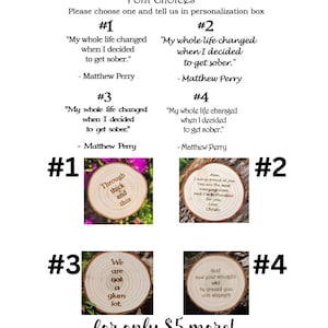 May include: Four different wood slice designs with text on them. The text on the wood slices reads: "Through thick and thin", "I am so proud of you", "We are not a glum lot", and "God saw your struggle and he grew you with strength".