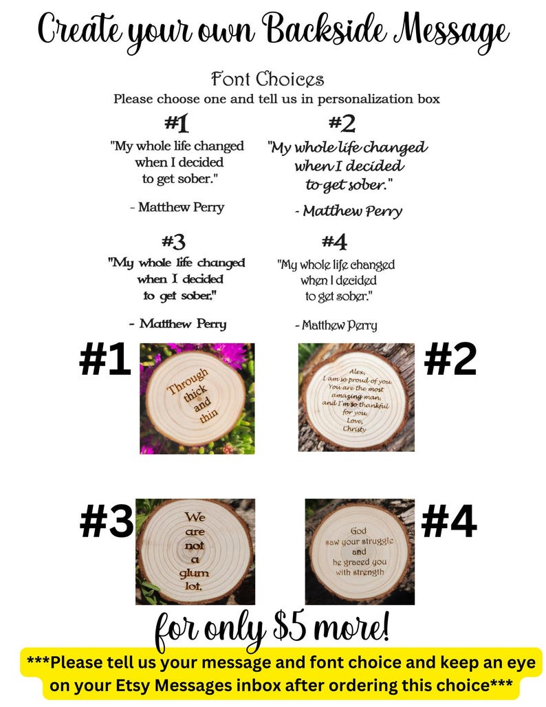 May include: Four different wood slice designs with text on them. The text on the wood slices reads: "Through thick and thin", "I am so proud of you", "We are not a glum lot", and "God saw your struggle and he grew you with strength".