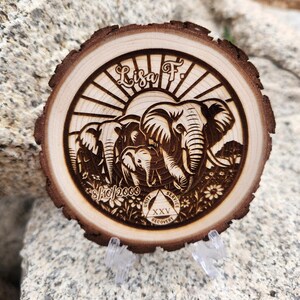 Elephant Sobriety Medallion: Engraved Wood AA NA Recovery Gift "A Herd of Elephants"