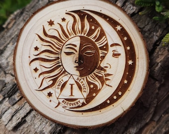 Sunshine & Moonbeams Sobriety *Personalized* Sober AA NA Medallion Engraved Token Chip Coin Tag *Custom* Gift for Her Him w/FREE stand!