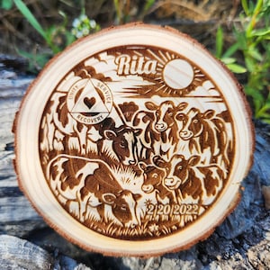 Happy Cows Sobriety Medallion: Engraved Wood AA NA Recovery Gift