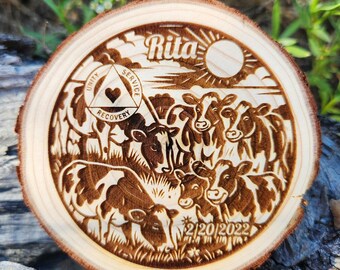 Happy Cows Sobriety Medallion: Engraved Wood AA NA Recovery Gift