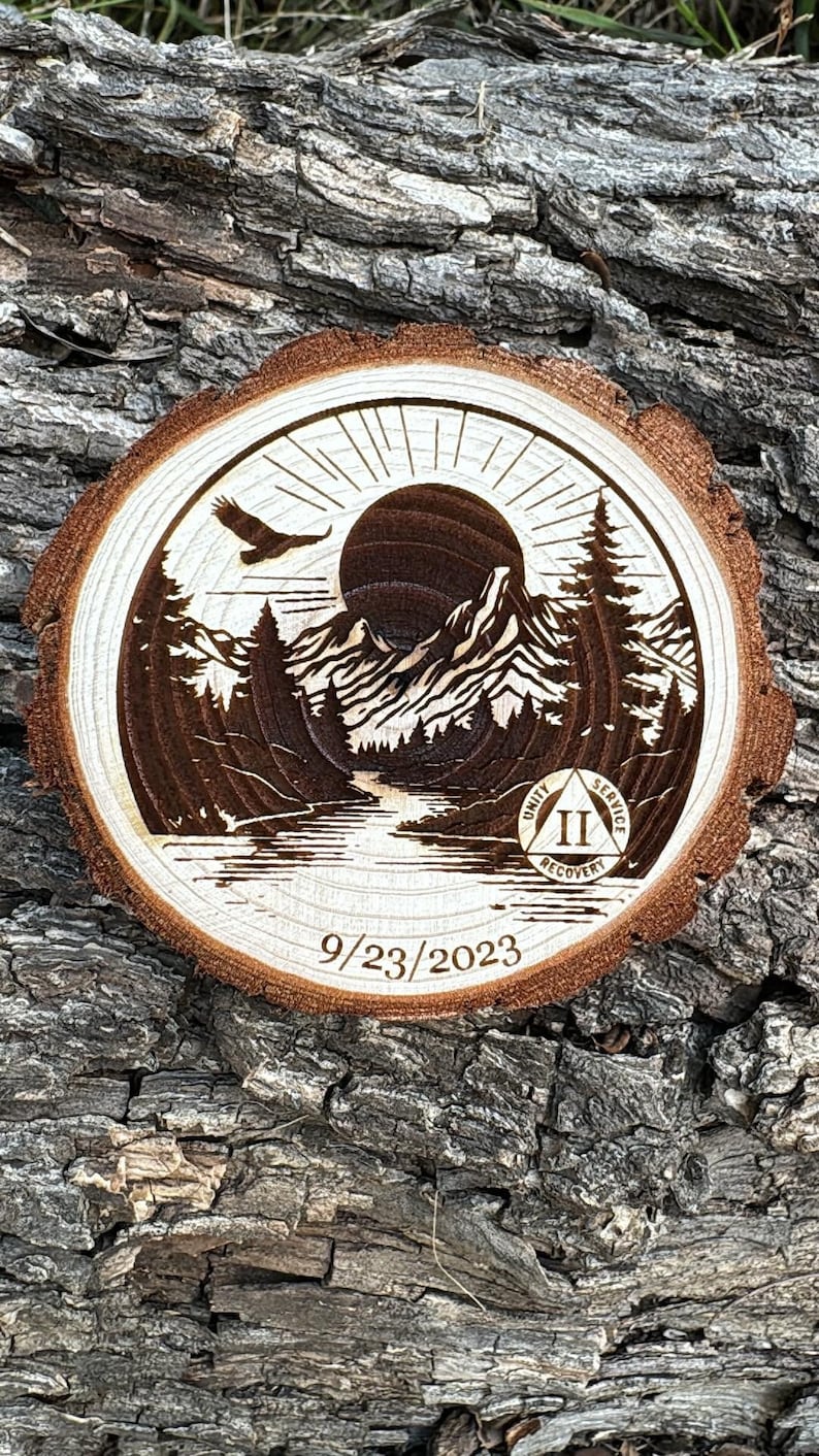 The Great Outdoors AA Sobriety Chip, for someone you love in recovery, or just yourself! Made of real wood and uniquely designed.