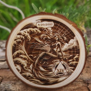 Mermaid of Strength Sobriety Chip *Personalized* Sober AA NA Al Anon Medallion Engraved Token Coin Tag *Custom* Gift for Her w/FREE stand