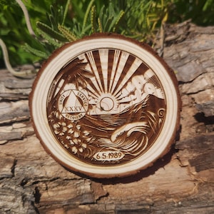 Personalized Sobriety Medallion: Engraved Wood AA NA Token, Paradise Design