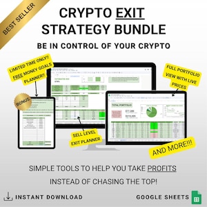 Puede incluir: Paquete de productos digitales titulado "Crypto Exit Strategy Bundle" que se muestra en varias pantallas. Incluye un planificador de bonificación, un planificador de salida de nivel de venta y una vista completa de la cartera con precios en vivo. La imagen promueve herramientas para ayudar a obtener ganancias.