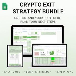 May include: A digital crypto exit strategy bundle displayed on a computer monitor and a tablet screen. The interface shows spreadsheets with tables, charts, and text including 'CRYPTO EXIT STRATEGY BUNDLE', 'ESTIMATED ROI', and 'TOTAL PORTFOLIO'.