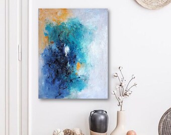 Abstract Canvas Wall Art, Original Acrylic Painting on canvas, Modern Turquoise and Yellow Artwork