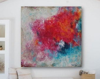 Original wall art, Abstract painting on canvas, Pink and turquoise painting, Abstract flower wall art, Acrylic painting on canvas