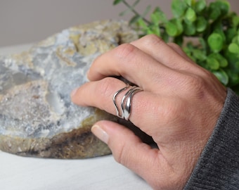 Adjustable Stainless Steel Wavy Ring: Minimalist Multi-layer Silver Band