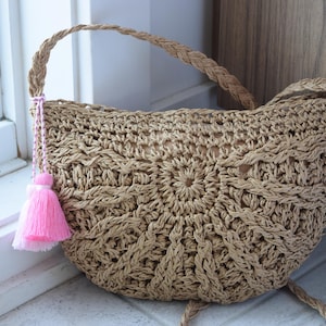Sac bohème en paille, sac à bandoulière, petit sac en paille, sac pour femme, cadeau pour elle, sac doublé de paille, sac décoratif à pampilles, sac de plage