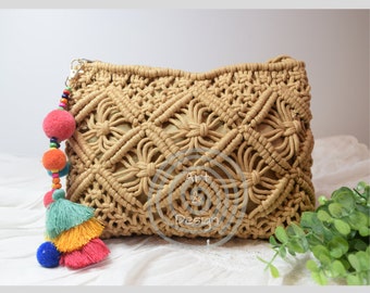 Woven Bag, Boho Crossbody Bag, Summer Bag, Gift for Her, Crochet Macrame  Bag, Women Woven Bag, woven lined bag, Tassel decor bag, Beach bag