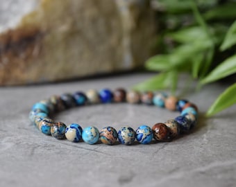 Blue Sea Sediment Jasper Bracelet: Handmade Gemstone Stretch Bracelet
