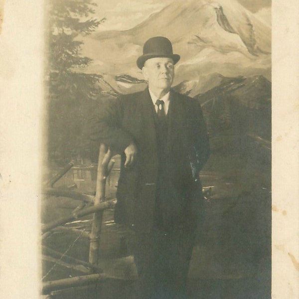 Older Man in Bowler Hat, Suit 1800s Studio Portrait Real Photo Postcard