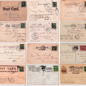 Versos de cartões postais vintage do início dos anos 1900: Paris, Nova Orleans, Brooklyn, Grand Canyon, etc. 12 com selos e carimbos postais Download digital