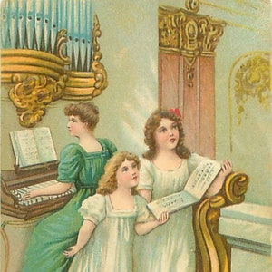 Postkarte Kirchenszene, Mädchen singend, Frauen spielenDe Orgel, Goldenes Zeitalter, "Be Thy Name"