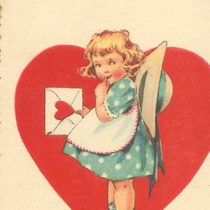 Valentine Little Blonde Girl in Big Hat, Polka Dotted Dress Holding Envelope Sealed With Heart "A Valentine Message" Poem