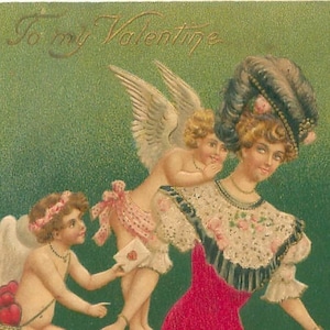 Victorian Lady in Silk Fabric Red Dress and Cherubs/Cupid Valentine's Postcard