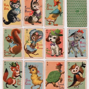 Vintage, kleurrijke schattige dieren Rummy speelkaarten, kat, uil, muis, enz. 11 afbeeldingen digitale print