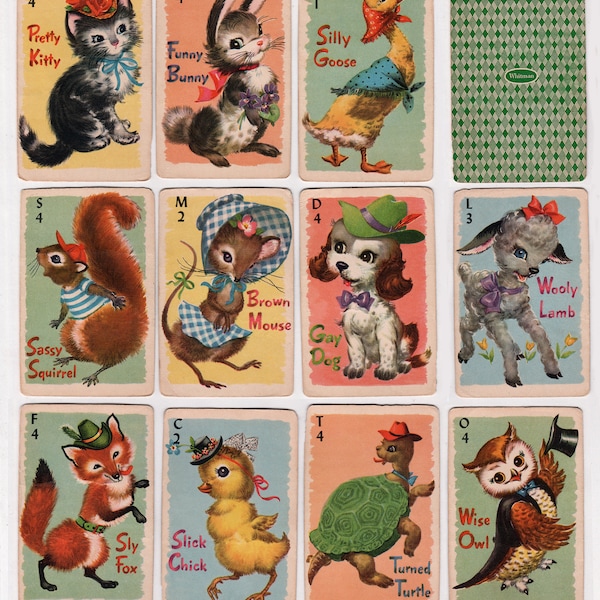 Vintage, Colorful Cute Animal Rummy Playing Cards, Cat, Owl, Mouse, Etc 11 Images Digital Print