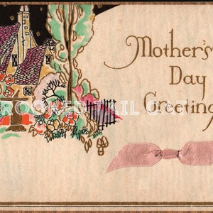 Art Nouveau Fairytale Cottage Mother&#39;s Day Card | Gold Stars Instant Digital Download | PNG | Printable Vintage Style Greeting Card