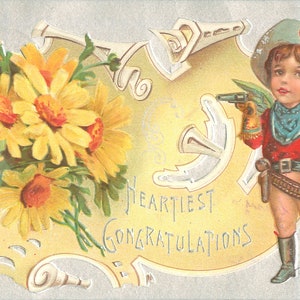 Little Cowboy Postal, Pistola, Sombrero con Corazón, "Sinceras Felicitaciones" En relieve, Se usa postalmente