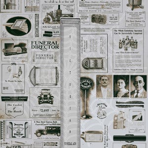 May include: A vintage advertisement collage featuring funeral-related products and services. The image includes advertisements for caskets, embalming supplies, and funeral homes. The advertisements are in black and white with various fonts and layouts.