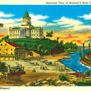 Jefferson City Missouri Historical View of State Capitol nel 1842, Fiume, Barche, Cartolina di carrozza a cavallo