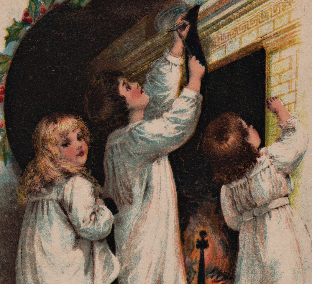 Niños colgando medias de Navidad Vintage Ilustración DIGITAL | Etsy