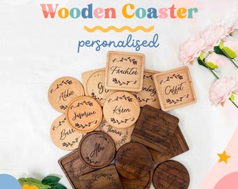 Posavasos de madera personalizados con grabado. Posavasos de madera personalizados. Ideas de regalo para recuerdos de boda.
