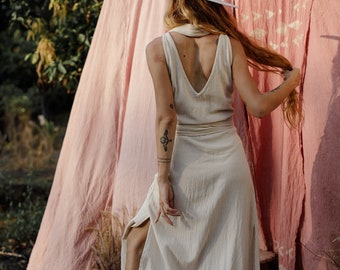 Wrap boho dress/Maxi wrap dress/Open back off white dress/Long bohemian dress/Ceremony dress