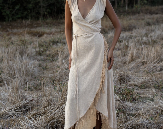 Fringe Wrap Dress/Beige Wrap Dress/Boho Summer Dress/Natural Clothing