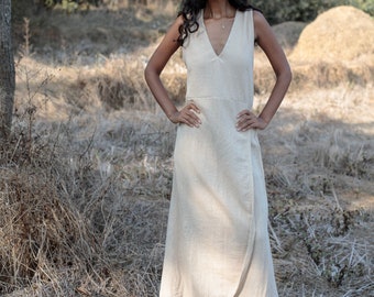 Beige V-Neck Long Dress/Boho Long Dress/ Raw Cotton Dress/Simply Elegant Bohemian Style/Maxi goddess dress